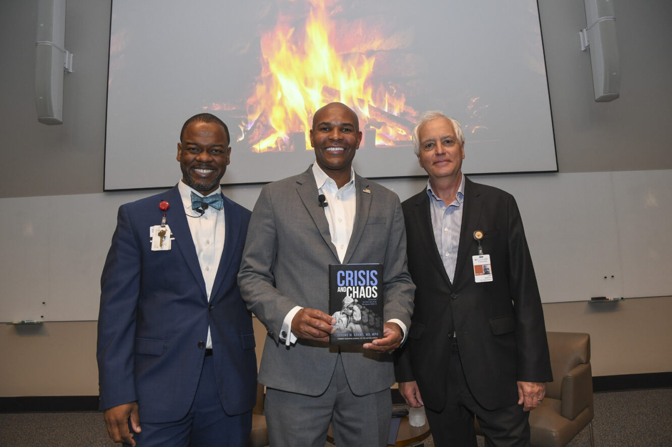 George Williams, Department of Anesthesiology (Left), John Hancock, Executive Dean, McGovern Medical School (Right), with Former U.S. Surgeon General Jerome Adams, Purdue University, (Center) October 11, 2023 Dean’s Lecture/Fireside Chat.